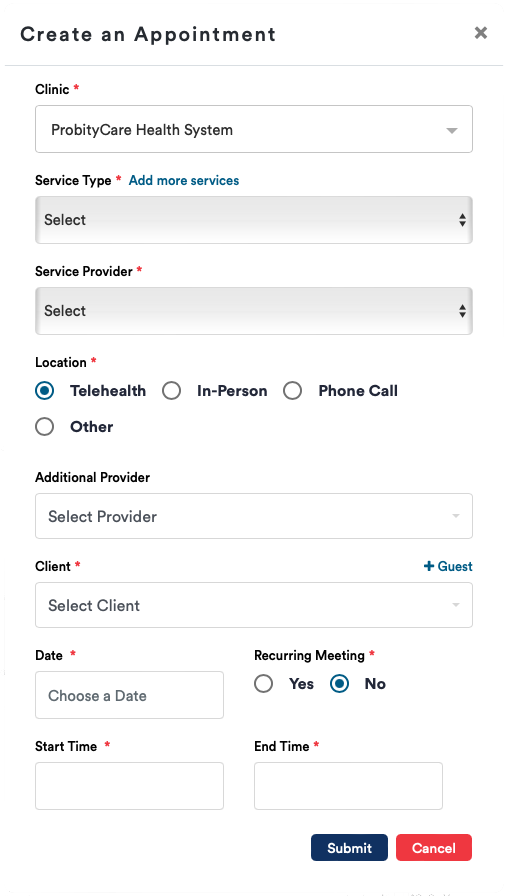 ProbityCare EHR Appointment Scheduling window