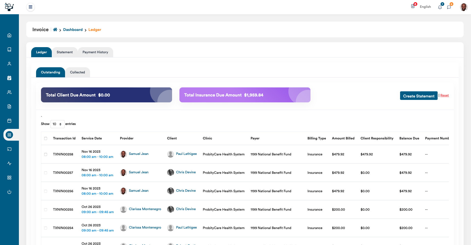 ProbityCare EHR Revenue Cycle Management ledger dashboard