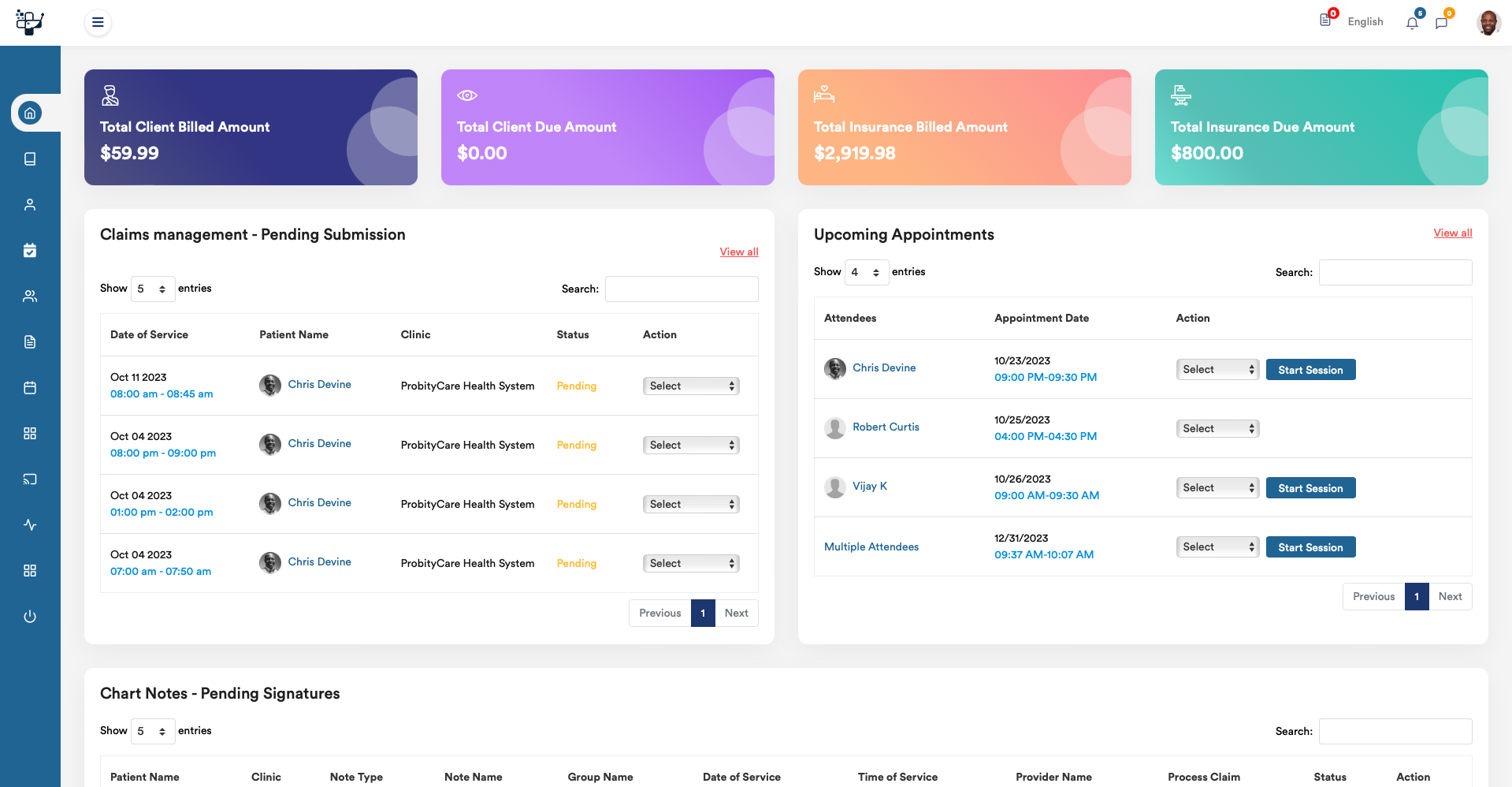 Image of the probitycare EHR dashboard showcase the high value of the practice management software.